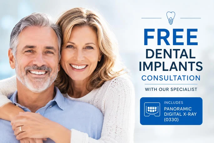 Free dental implants consultation with our specialist, including a panoramic digital X-ray