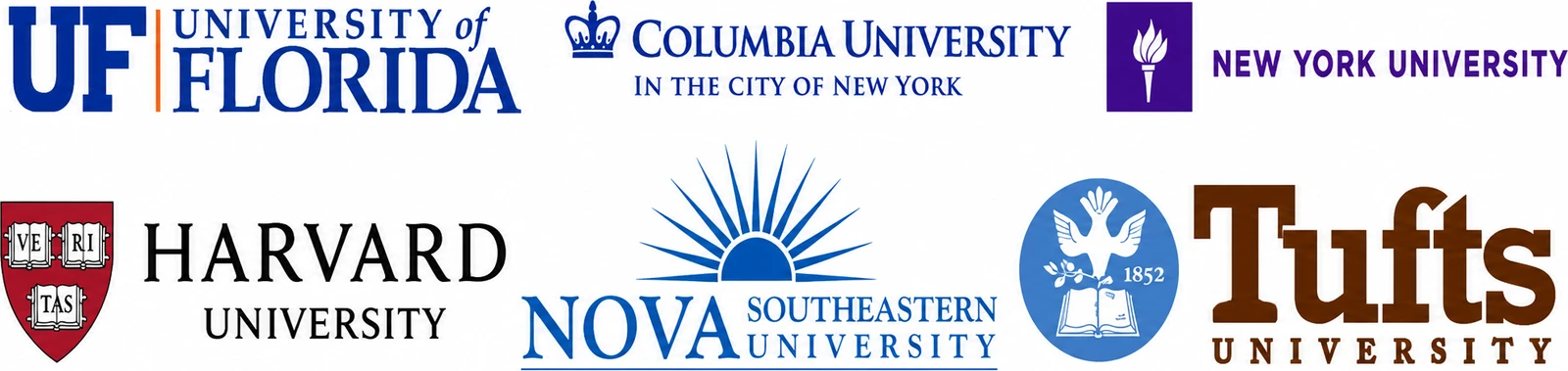 University crests of the dental schools our dentists and specialists graduated from: University of Florida, Columbia, New York University, Harvard, Nova Southeastern and Tufts