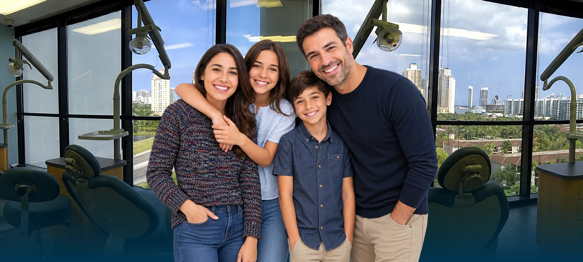 A family of four in a Dental Options treatment room, with the Aventura skyline through the windows behind them